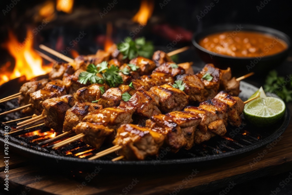 Chicken satay on the grill with sauce, delicious restaurant food menu