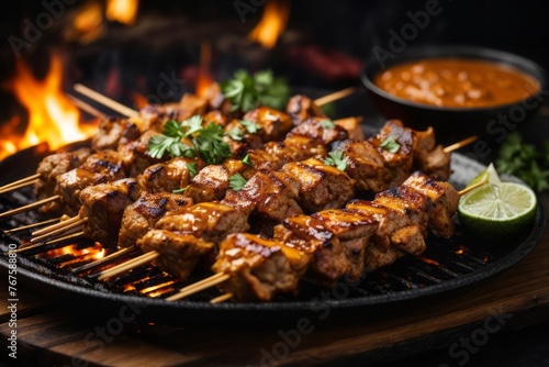 Chicken satay on the grill with sauce, delicious restaurant food menu © free