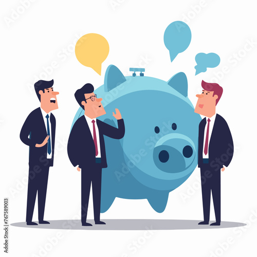 Businessmen look at collapsing piggy bank with spee photo