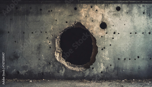 Large black hole in the wall, can't see ahead, concrete, bullet holes, close-up