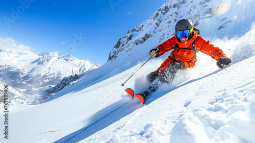 Skier in Bright Gear Speeding Down Mountain.