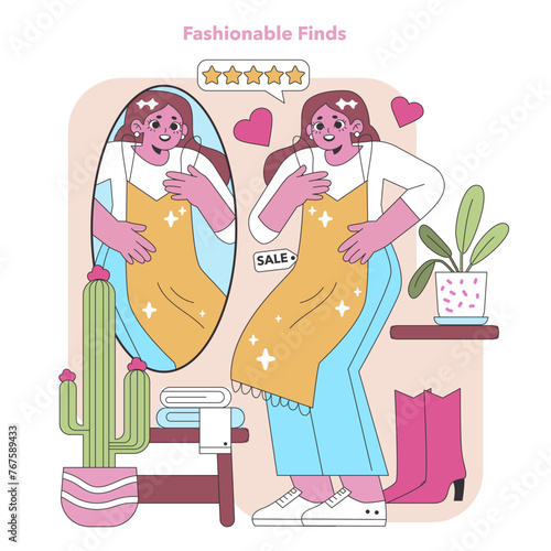 Excitement in eco-fashion. A joyful shopper tries on a chic find at a secondhand store, reflecting the thrill of sustainable style discoveries. Vector illustration.