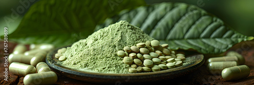 A still life arrangement featuring Kratom powder,
A green background with leaves and a lime photo