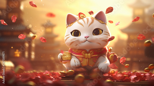 Imagine a charming, cartoonstyle lucky cat against a blurred bokeh background for a magical feel , illustration graphic