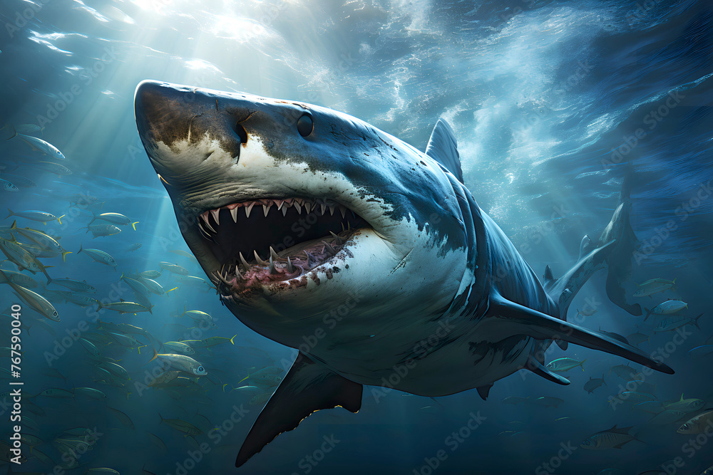 Fototapeta premium swimming white shark in the ocean. sea life