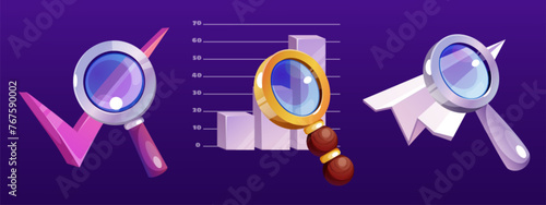 Magnifier glass with checkmark, graph and paper plane. Cartoon vector illustration set of business research or education and science tool. Lupa lens zoom and enlarge while monitoring information.