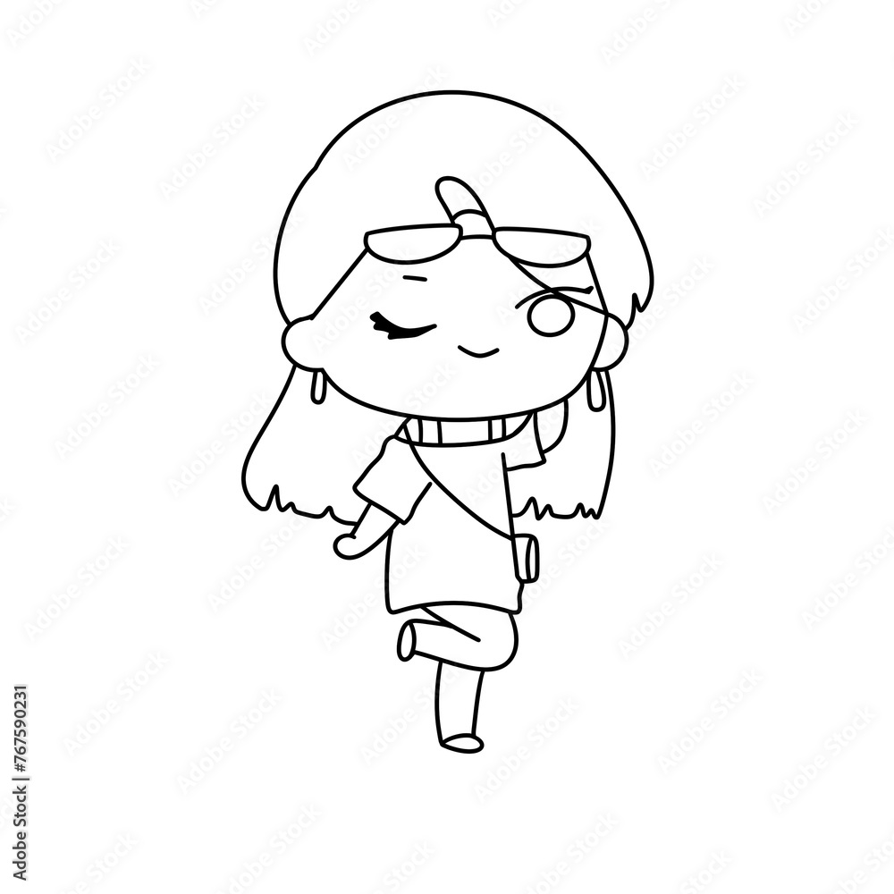 Obraz premium A girl is drawing a picture of a girl in a white shirt and sunglasses