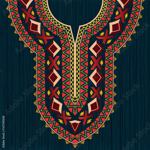 A vibrant neck design with intricate geometric motifs in tribal style. Symmetrical digital pattern for the neckline of Indian kurta, kurti, kaftan dress, and African dashiki shirt.