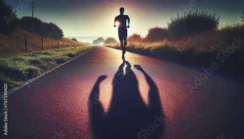 A runner's shadow is cast long on the ground ahead, symbolizing the early morning start of a training session.