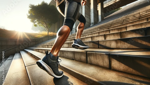 The lower half of a person jogging up concrete steps in a city park, with the focus on their running shoes and active wear. photo
