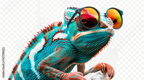chameleon wearing sunglasses on a transparent background