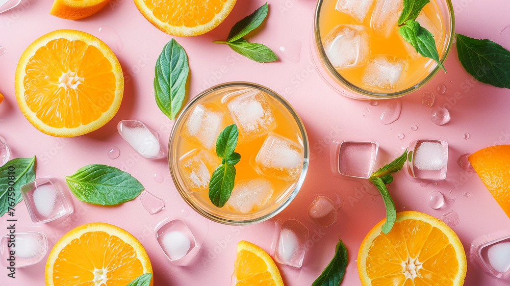 Orange juice in glasses on a minimal background Orange juice in glasses on a minimal background