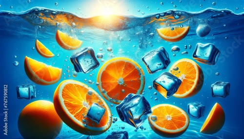Vibrant orange slices submerged in a clear blue pool with floating ice cubes and bubbles, giving a refreshing and cooling impression.