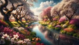 A landscape showcasing the same river lined with trees in full, lush bloom, petals from the blossoms gently drifting onto the water's surface.