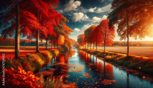 An autumnal landscape where the river is flanked by trees in a riot of fall colors_ deep reds, vibrant oranges, and golden yellows.