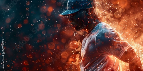 Baseball muscular player definition and energy, set against a fiery