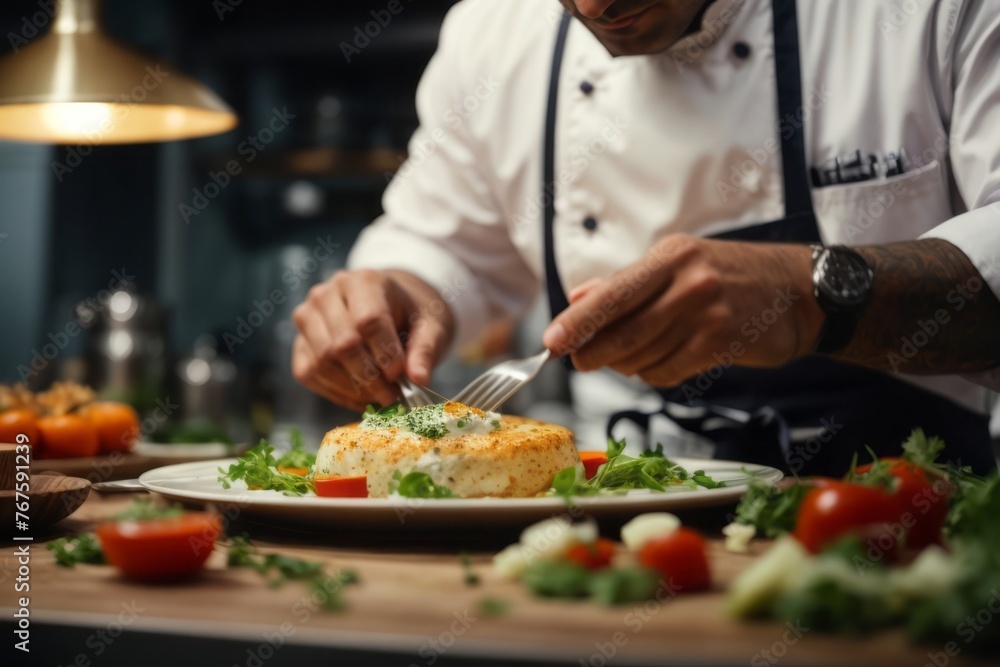 male chef cooking prepares delicious fresh food on plate for customer in kitchen of 5 star michelin restaurant male chef cooking prepares delicious fresh food on plate for customer in kitchen of 5 star michelin restaurant