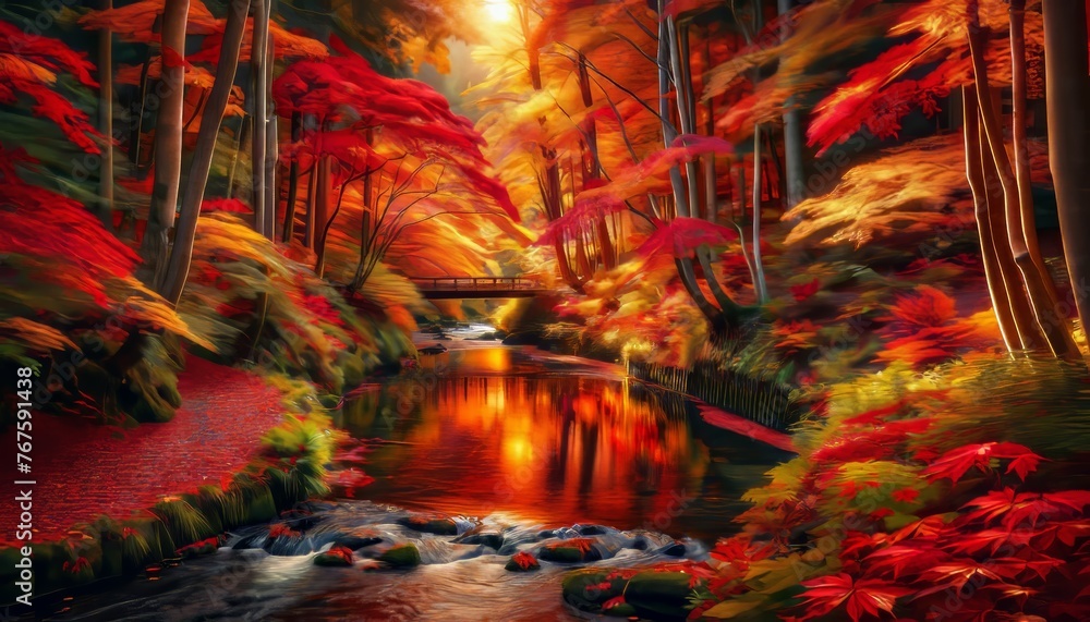 An autumn scene where a gentle river flows through a forest ablaze with red, orange, and yellow leaves. An autumn scene where a gentle river flows through a forest ablaze with red, orange, and yellow leaves.