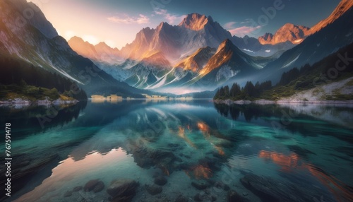 A serene mountain lake with crystal-clear water reflecting the surrounding peaks at sunrise.