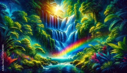 A vivid and colorful image of a cascading waterfall in a lush, green tropical rainforest.