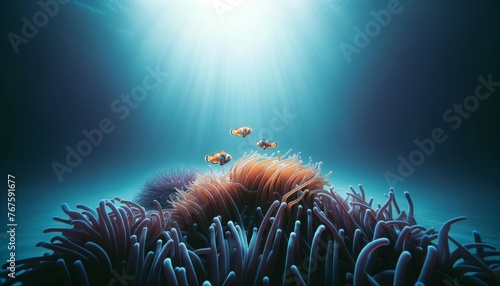 A minimalist underwater scene focusing on a small, distinct group of marine life. photo