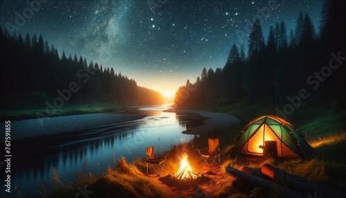 A riverside camping scene at night with a small, glowing campfire casting a warm light on the nearby tent. © FantasyLand86