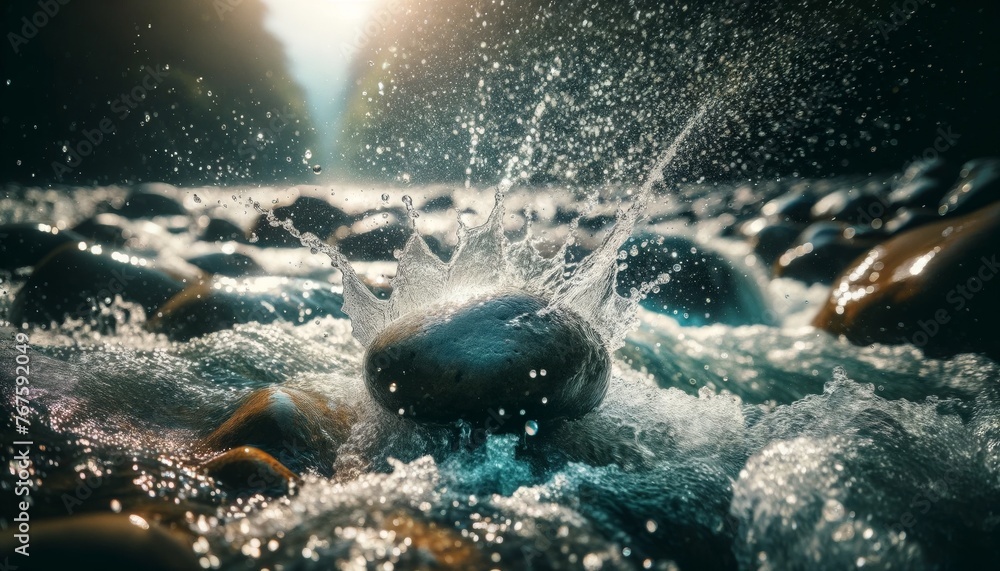 A close-up of water droplets splashing around a single stone in the midst of a vibrant river.