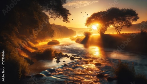 A sunrise scene by a river where the first rays of the sun illuminate the water   s surface  casting a golden glow across the flowing water.