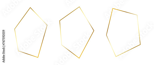 Golden thin frame set. Gold foil geometric borders in art deco style. Thin linear irregular square collection. Yellow glowing shiny boarder element pack. Vector bundle for photo, cadre, decoration