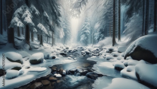 A peaceful winter landscape featuring a partially frozen creek snaking through a serene snow-covered forest.
