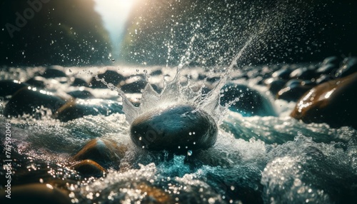 A close-up of water droplets splashing around a single stone in the midst of a vibrant river.