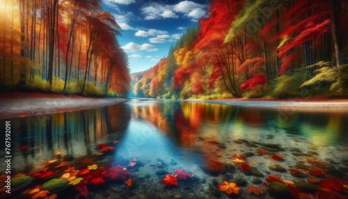A tranquil autumn scene featuring a river gently meandering through a forest.