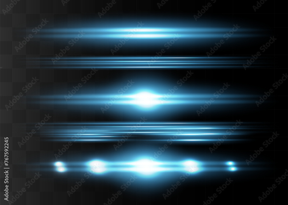 Blue horizontal lens flares pack. Laser beams, horizontal light light flares. Glowing streaks on dark background. Luminous abstract sparkling lined background.