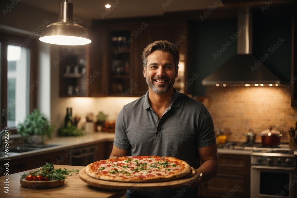male chef bring pizza to the kitchen with pizza and oven in the background.