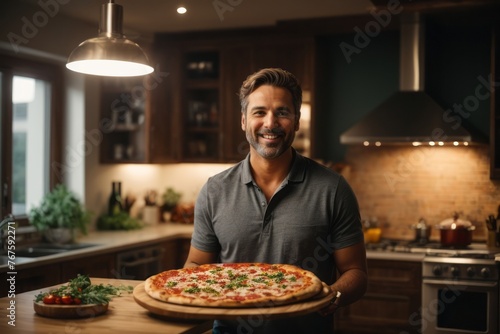 male chef bring pizza to the kitchen with pizza and oven in the background.