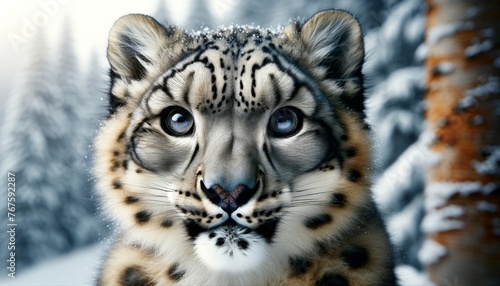 A close-up of a snow leopard with clear, distinctive patterned fur, staring intently into the camera. photo