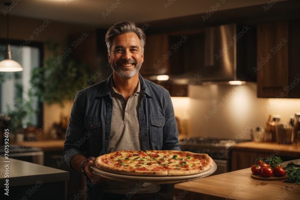 male chef bring pizza to the kitchen with pizza and oven in the background. male chef bring pizza to the kitchen with pizza and oven in the background.