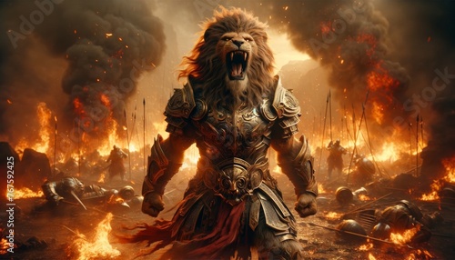 In an epic battlefield scene, a powerful lion-headed humanoid stands fiercely amidst flames and chaos, clad in full ancient battle armor. photo