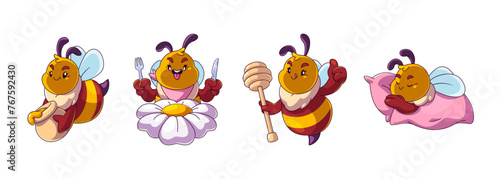 Cute and funny baby bee character set with honey. Happy mascot bug with flower. Isolated bumblebee emotion expression comic icon. Small flying insect laughing and having yummy lunch or sleep on pillow