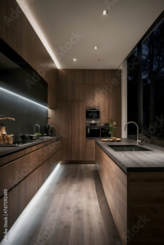 Modern Kitchen Interior At Night  Soft Overhead Lighting Casts A Warm Glow Over The Sleek Kitchen Countertops And Minimalist Furnishings  Creating An Intimate And Inviting Atmosphere 