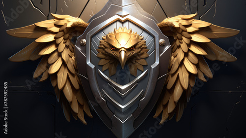 3d Modern and Futuristic Golden Metallic Eagle with Shield logo design. Luxury Logo Eagle, Hawk, Phoenix, Bird Design.