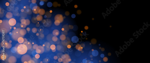 Blurred gold bokeh on navy background. Golden blur light effect wallpaper. Abstract shiny glitter, sparks, dust, sparkles. Vector glowing blue backdrop for Christmas, New Year, birthday card, banner