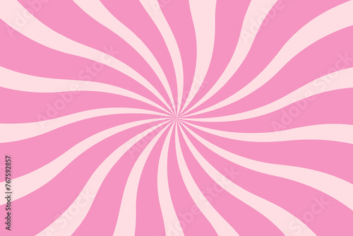 Pink swirl candy background. Sweet strawberry ice cream pattern. Spiral sunburst wallpaper. Cartoon marshmallow and lollipop texture. Radial striped vortex for psychedelic groovy design. Vector