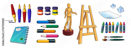 Paint easel with art tool and supplies cartoon set. Artist brush for school drawing on paper page with mannequin puppet. Sketchbook and stationery for study on painting workshop with wooden model