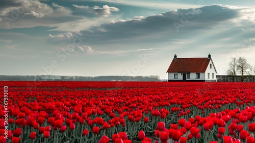 House with red tulip fields stock photo #767593013