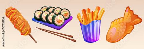 Korean fast food and asian meal cartoon illustration. Thai restaurant plate and snack menu dish isolated fried set. Corn dog tempura for lunch or sushi japanese cuisine design. Delicious Asia photo
