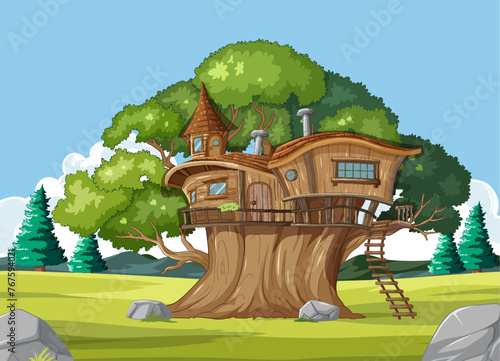 Whimsical treehouse nestled in a lush green landscape.