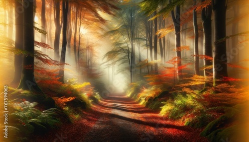 A medium shot of a misty forest path surrounded by the vibrant colors of autumn leaves, with sunlight filtering through the trees.