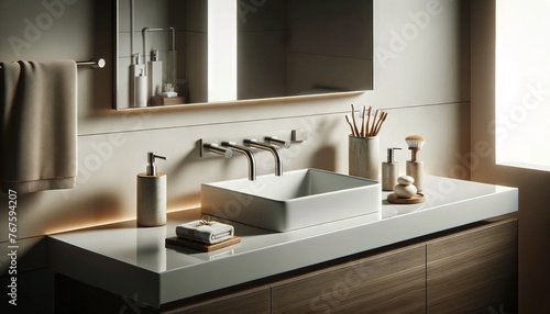 The image depicts a modern bathroom sink area  focused on a sleek  minimalist design.