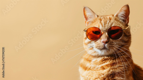 Portrait of funky ginger cat wearing cool glasses isolated on color background, copy space for text